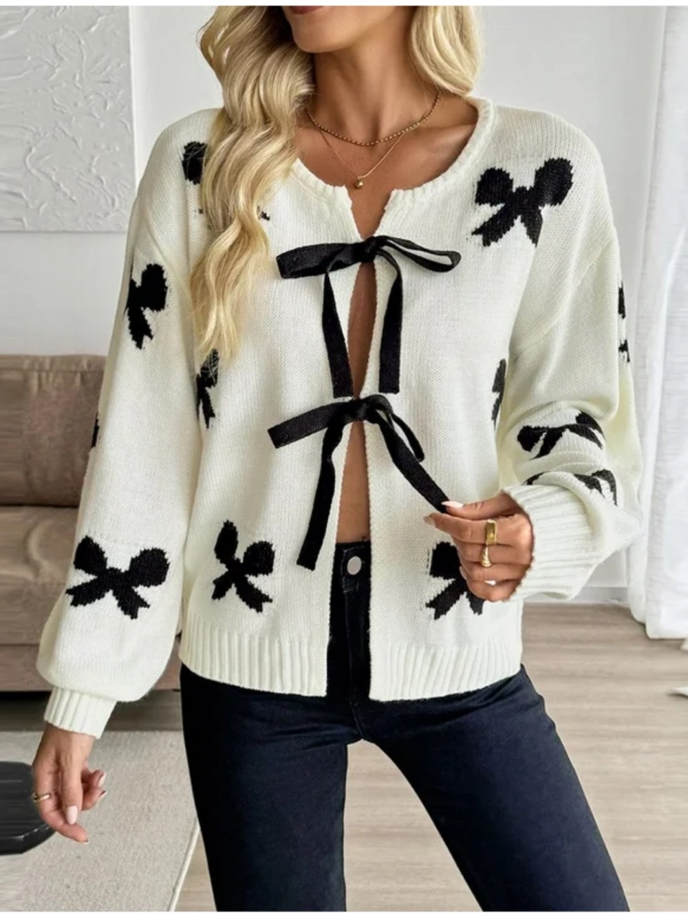 ShopEvelynne Cream Cardigan with Black Bow Ties